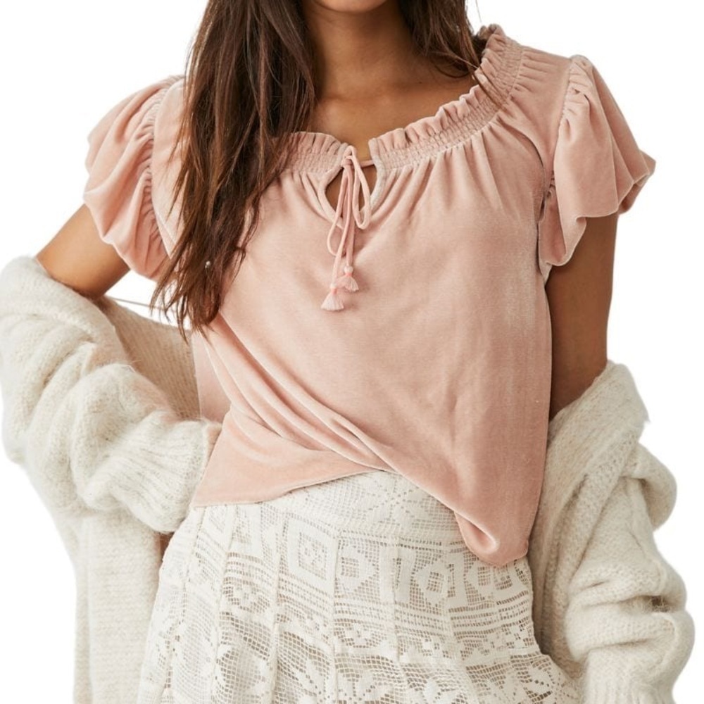 Free People Blush Pink Velvet Peasant Top